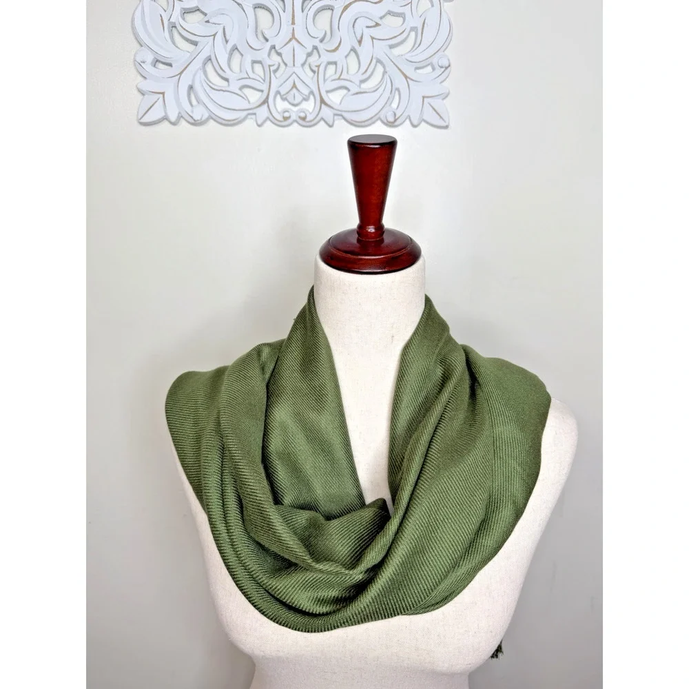 Olive Green Twill Scarf Long Rectangle Wrap Shawl Fringe Solid Green 80